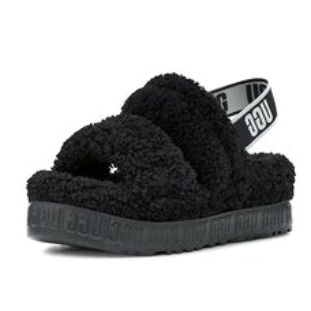 UGG Oh Fluffita Platform Slingback Slippers Black Sheepskin Size 10